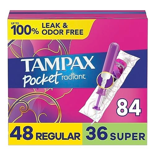 Tampax Compact Radiant Tampons for Women Multipack, with LeakGuard Braid & Extendable Applicator, Regular/Super Absorbency, Unscented, 21