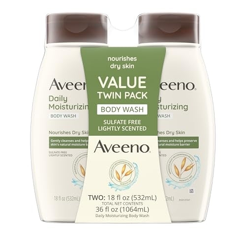 Aveeno Daily Moisturizing Body Wash Cleanser & Shaving Gel for Men & Women, Clean-Rinsing for Softer & Smoother Skin, Gentle & Lightly Scented, 18 fl. Oz, Pack of 2
