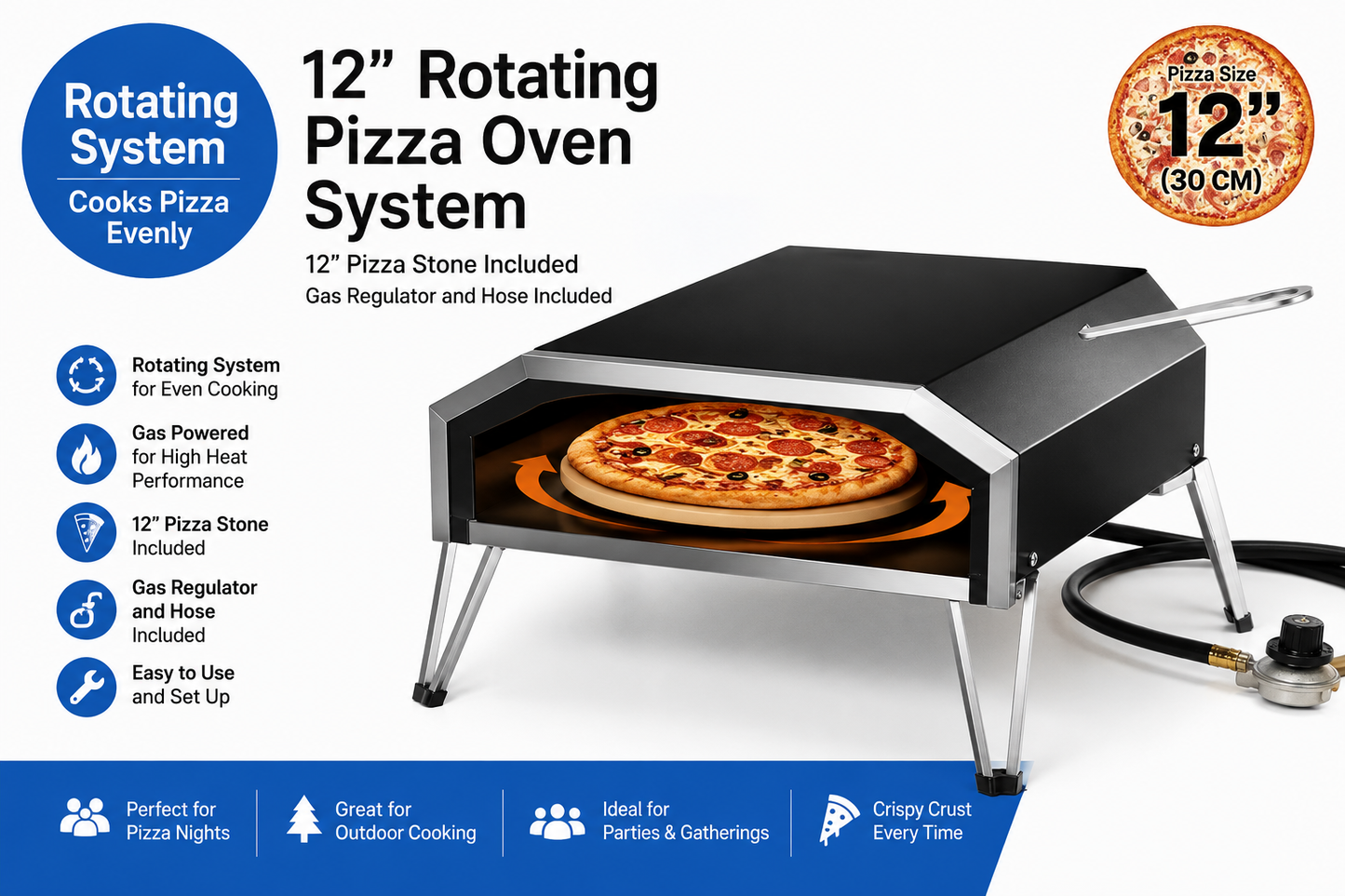 Westinghouse 12" Rotating Pizza Oven System – Even Cooking Pizza Cooker with Pizza Stone, Gas Regulator & Hose Included