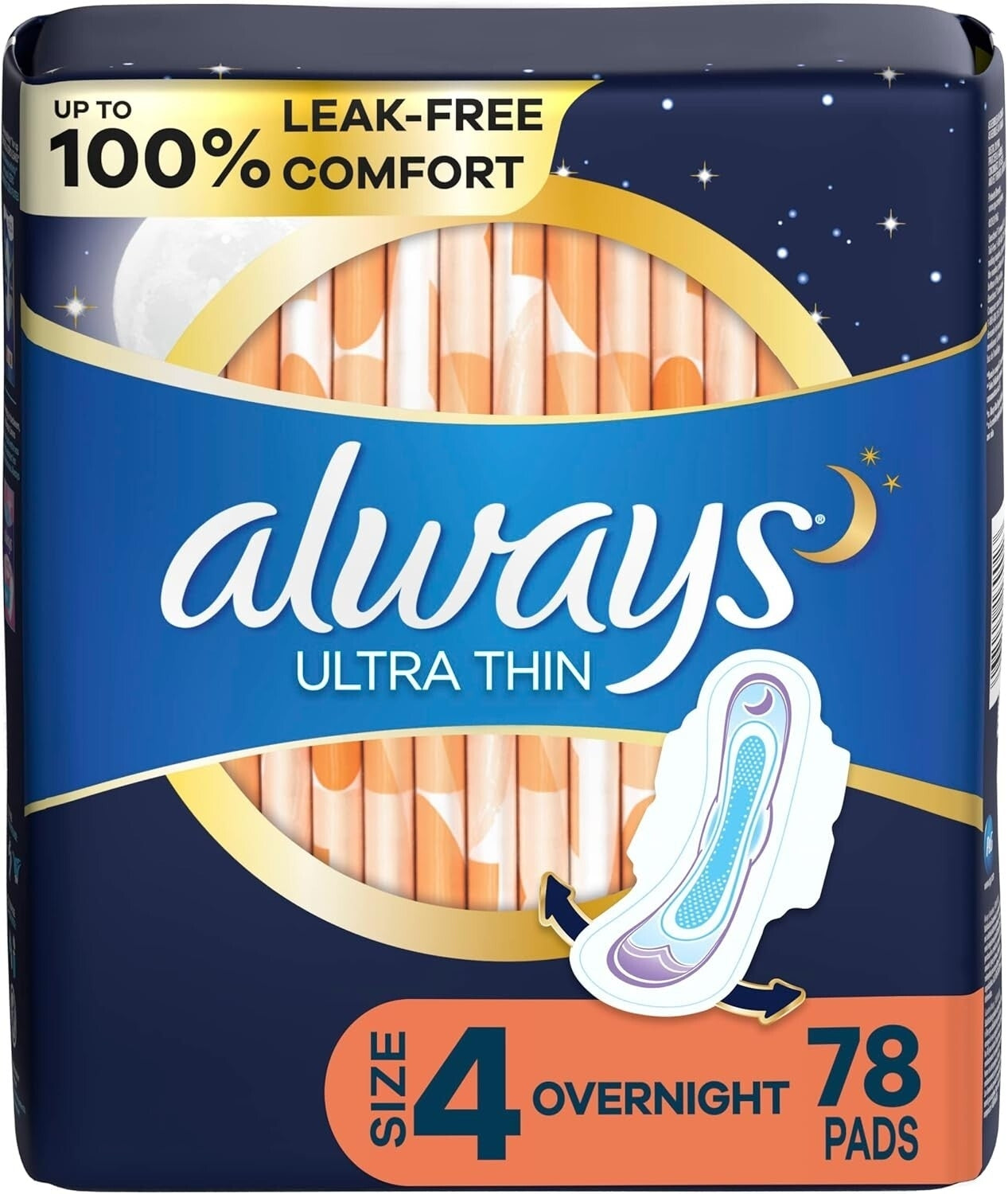 Always Ultra Thin, Size 4, Overnight Pads With Wings, Unscented, 3 Pack of 26Ct