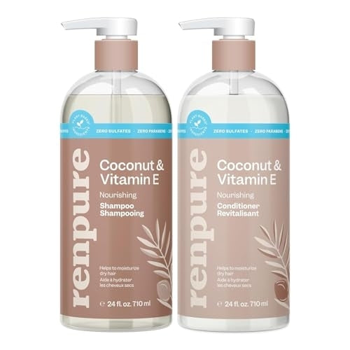 Renpure Coconut & Vitamin E Shampoo & Conditioner Set, Plant-Based – Nourishes & Seals In Moisture For Soft, Healthy Hair – For Dry, Lifeless Hair – Coconut Oil & Vitamin E - 24 Fl Oz each,