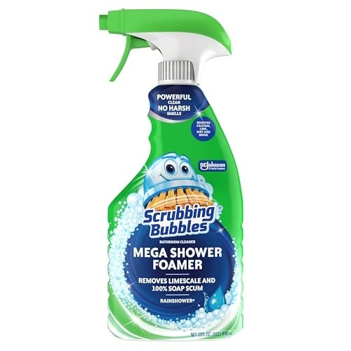 Scrubbing Bubbles Mega Bathroom and Shower Cleaner Spray, Foaming Action Removes Limescale and Soap Scum, Rainshower Scent, 32oz