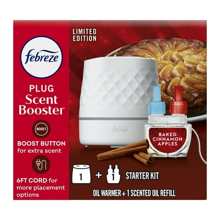 Febreze PLUG Scent Booster Starter Kit  Oil Diffuser  Air Freshener Plug In  Continuous Scent Device + 1 Baked Cinnamon Apple Refill