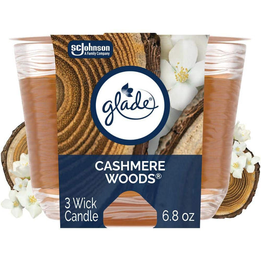 Glade 3 Wick Scented Candle in Glass Jar - Cashmere Woods - 6.8oz: Indoor Use, Jasmine, Sandalwood, Musk, 30-Hour Burn Time