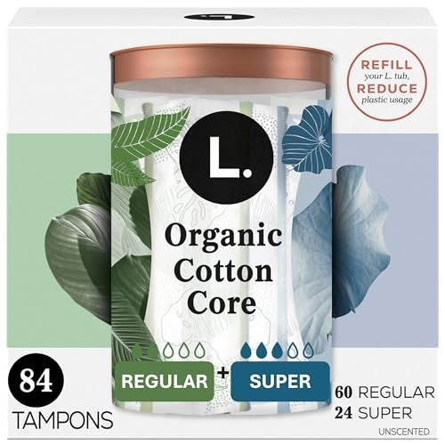L. Cotton Tampons Regular/Super Absorbency Multipack, Free from Chlorine Bleaching, Pesticides, Fragrances, or Dyes, 42 Count x 2 Packs (84 Count Total)