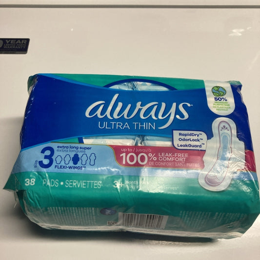 Always Ultra Thin Pads Size 3 Extra Long Super Pads With Flexi Wings 38 Ct.